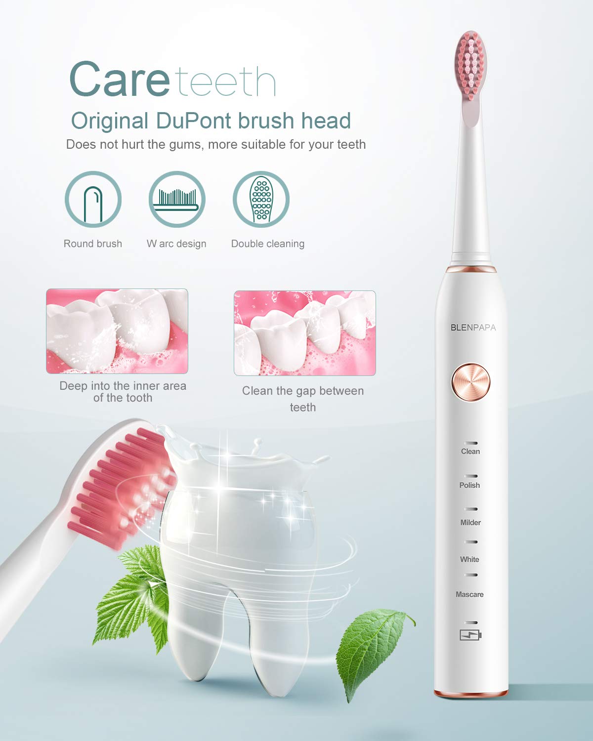 High Vibration 38000VPM Sonic Electric Toothbrush for Adults with Timer Dupont Brush Heads Ultra Whitening 5-Modes - White