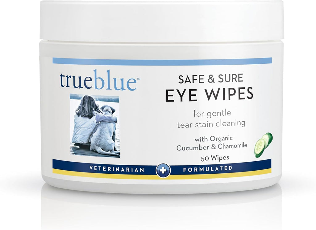 TrueBlue Cucumber & Chamomile Safe and Sure Dog Eye Wipes – Pre-Moistened Textured Pads for Tear Stain Eye Cleaning – Cleansing Eye Wipe for Dogs, Puppies – Non-Toxic, All-Natural – 50 Count