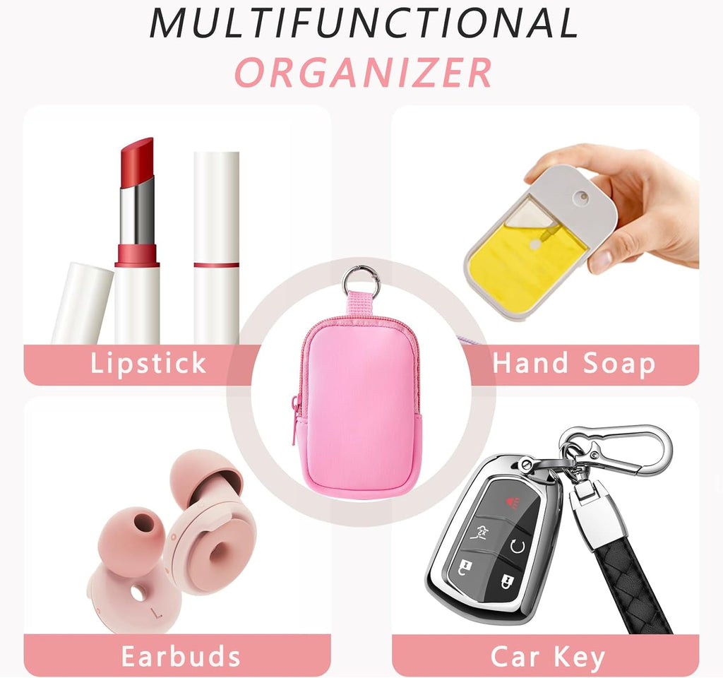 2Pcs Small Makeup Bag, Mini Portable Travel Cosmetic Bag, Soft Neoprene Makeup Pouch with Zipper, Fashion Accessory with Snap Hook, Cute Coin Purse Lipstick Cosmetic Travel Organizer(Black+ Pink)