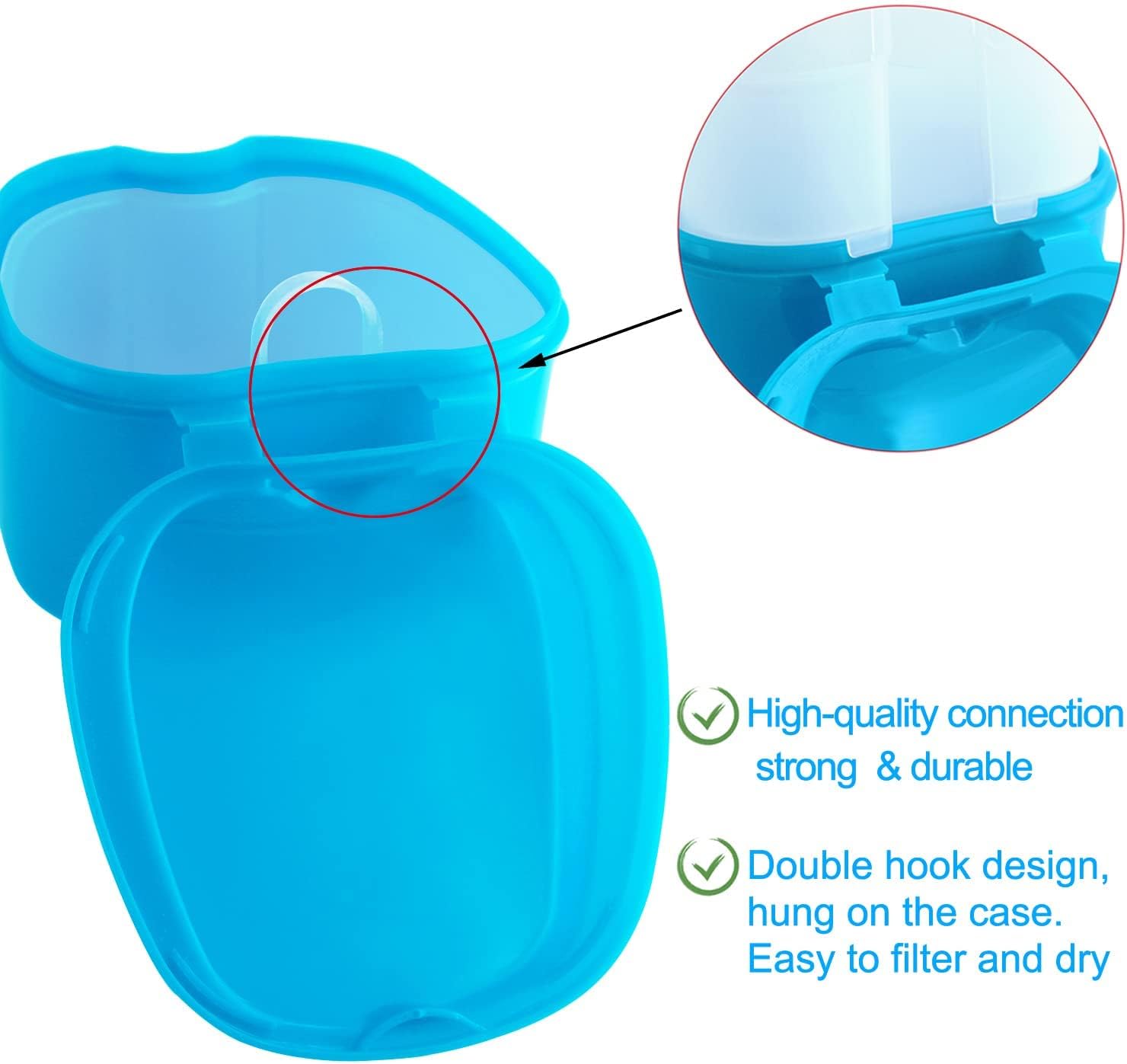 2 Pack Denture Case Dental Mouthguard Case, Denture Bath Box Cleaning with Brush, Strainer Basket and Lid Waterproof - Purple and Blue