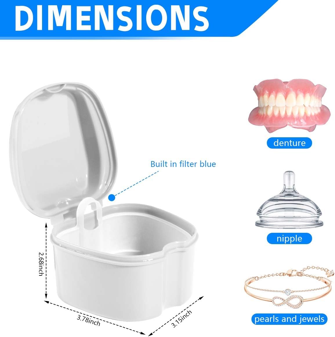 White Denture Bath Case Cup Box Holder Storage Soak Container with Strainer Basket for Travel Cleaning