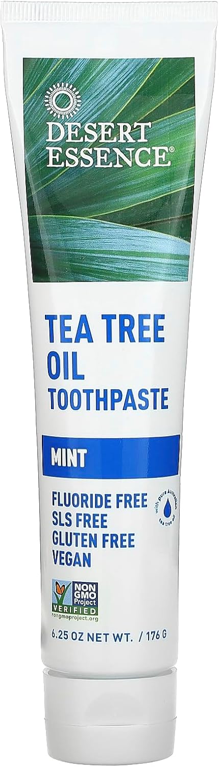 Desert Essence Tea Tree Oil Toothpaste - Mint - 6.25 Ounce - Refreshing Taste - Deep Cleans Teeth & Gums - Helps Fight Plaque - Sea Salt - Pure Essential Oil - Baking Soda - Promotes Healthy Mouth