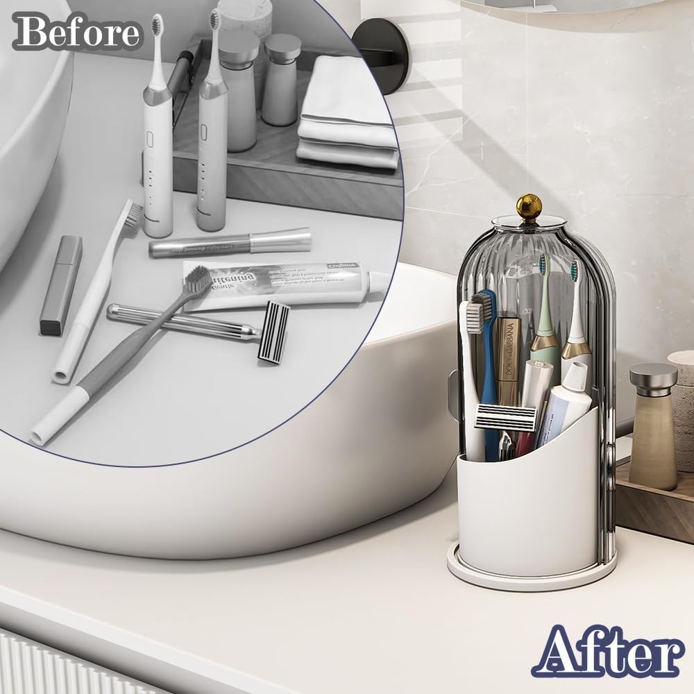 Dustproof Toothbrush Holders with Cover, Rotating Electric Toothbrush and Toothpaste Holder for Bathroom Countertop, 3 Slots Makeup Brushes Organizer, Grey White