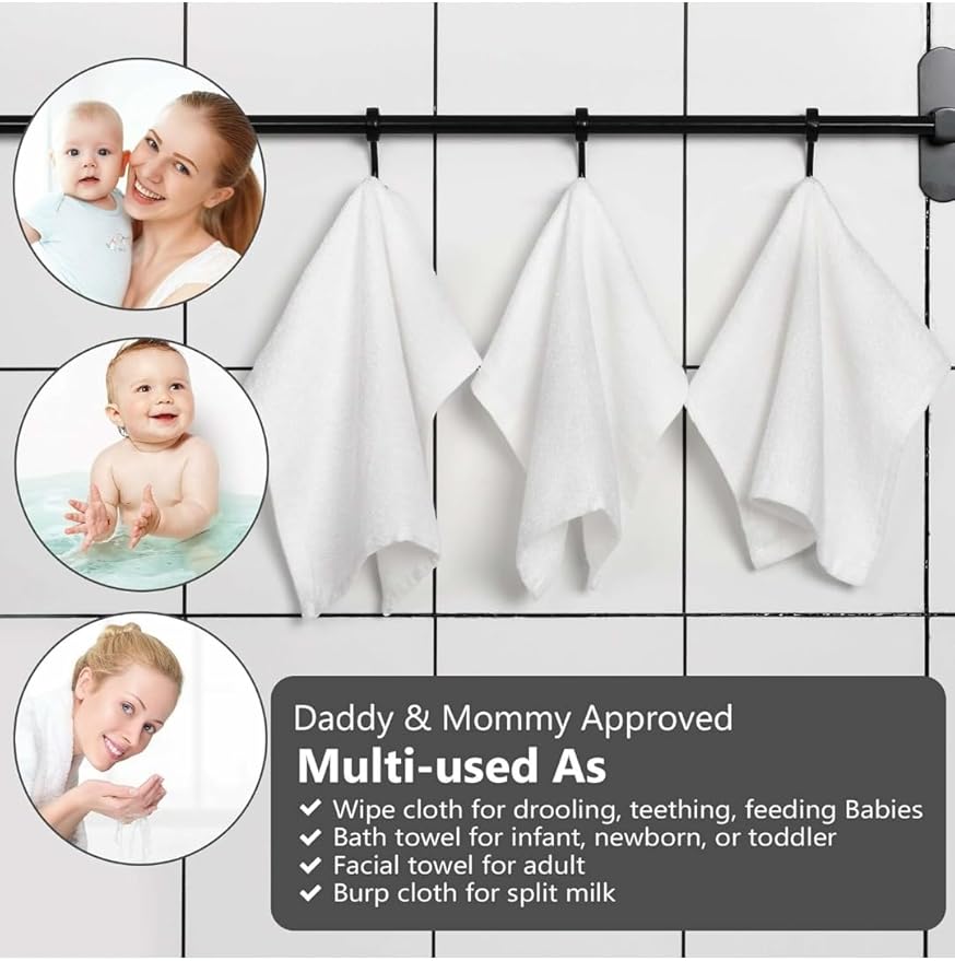 Baby Washcloths, Made from 100% Viscose from Bamboo - Ultra Soft Absorbent Newborn Bath Face and Body Towels - Reusable Baby Wipes for Delicate Skin, Make-Up Remover 10" x 10" - 6 Pack, White