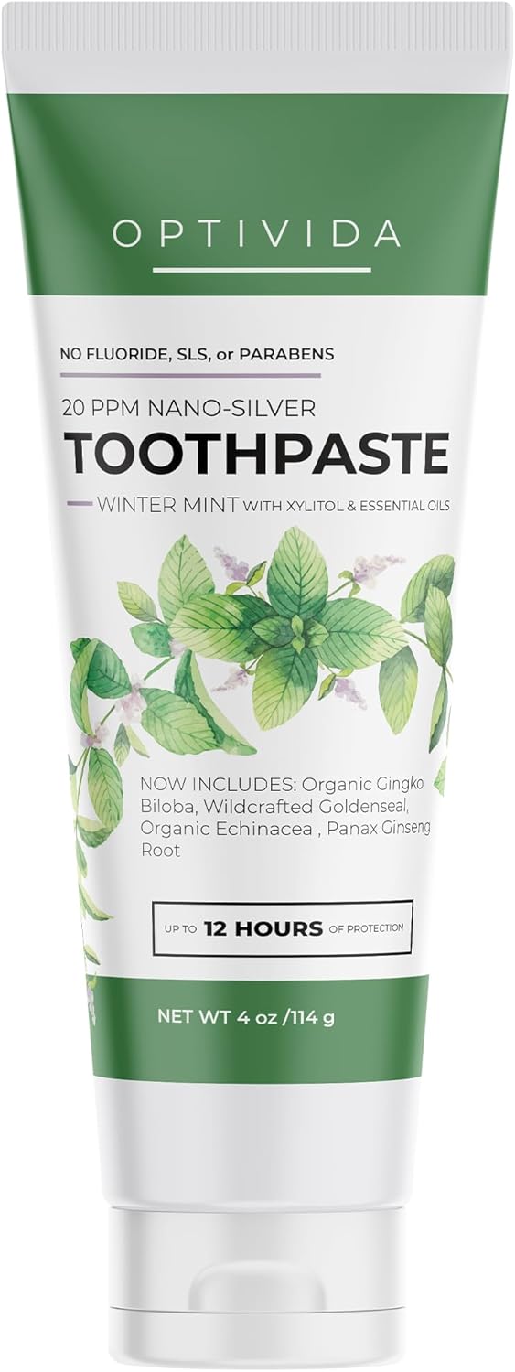 Optivida (Fluoride Free) Colloidal Silver (20ppm) Infused Xylitol Toothpaste for Adults & Kids. Anti-Cavity*, Anti-Plaque* Coral Toothpaste with Spearmint Oil for Gum Health & Teeth whitening - 4oz