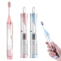 2Pcs Travel Toothbrushes Kit Fold Travel Size Toothbrushes Built-in Toothpaste Container, Including 2 Cleaner Head Soft Bristles for Camping, School, Business Trip (Blue, Pink)
