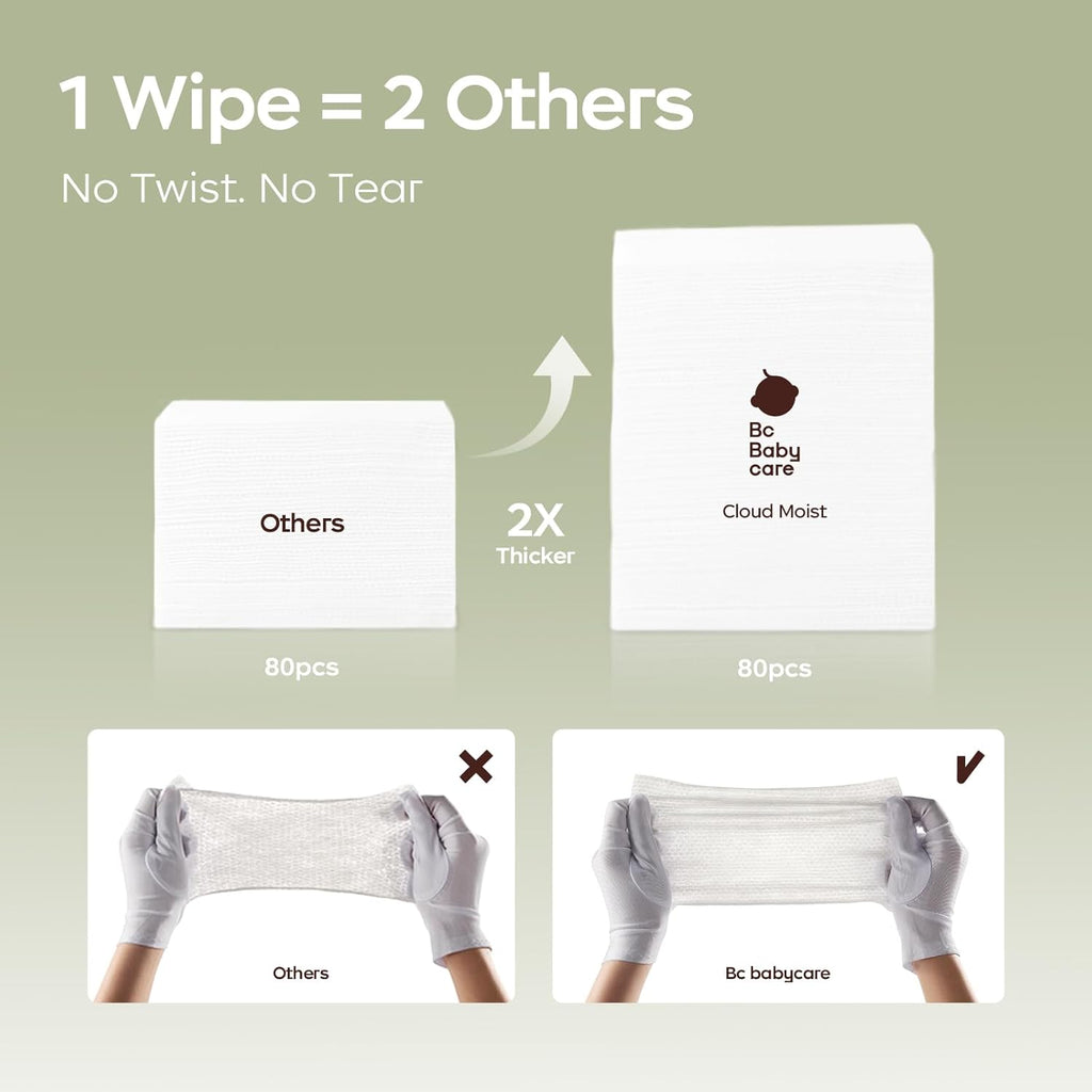 Bc Babycare Cloud Moist Baby Wipes, Thick & XL, 99% Water, Ultra-Hydrating, Unscented, Hypoallergenic for Sensitive Skin, Biodegradable, 3 Flip-Top, 240 Count