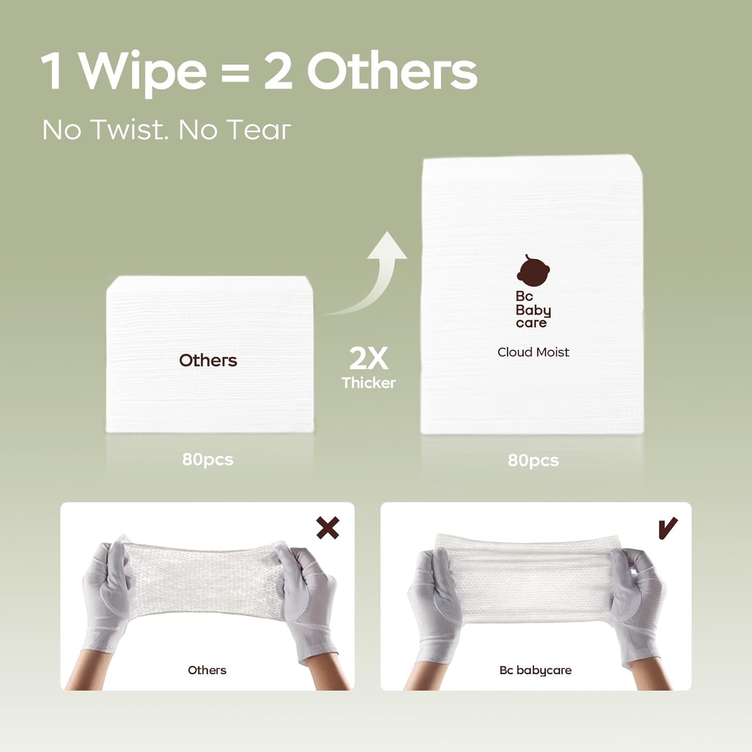 Bc Babycare Cloud Moist Baby Wipes, Thick & XL, 99% Water, Ultra-Hydrating, Unscented, Hypoallergenic for Sensitive Skin, Biodegradable, 3 Flip-Top, 240 Count