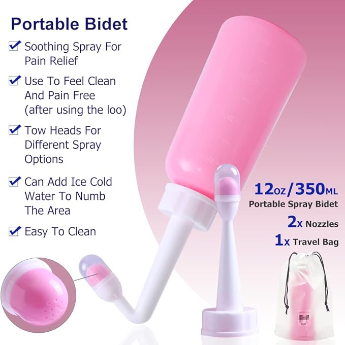 Peri Bottle - Postpartum and Perineal Care - 2 in 1 Portable Bidet - Portable Travel Bidet Sprayer for Women or Men- Handheld Jet Spray Bottle for Toilet (350ML, Pink)