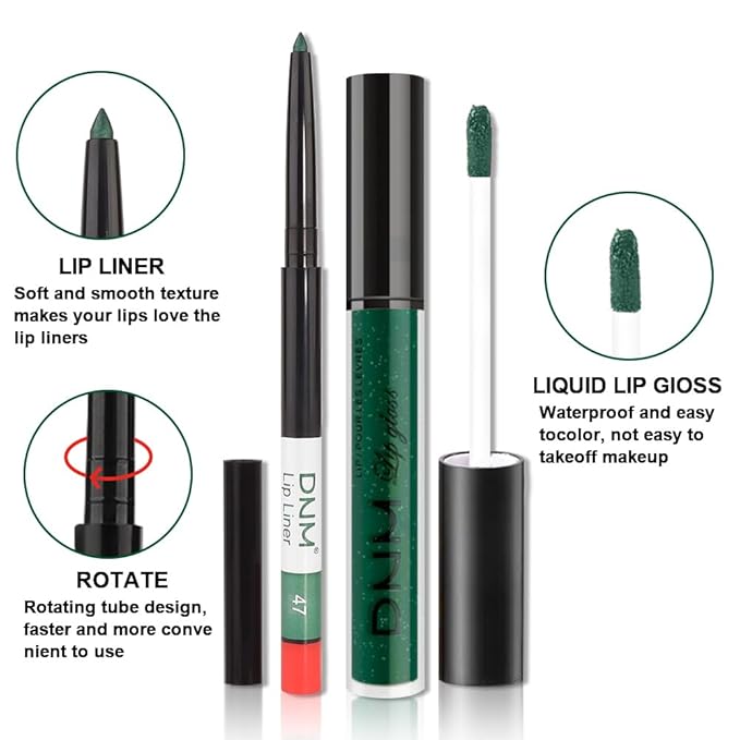 evpct 2Pcs Emerald Green Shimmer Glitte Liquid Lipstick Lip Gloss Stain and Retractable Lip Liner Makeup Set for Women Long Lasting Waterproof 24 Hours Lipstick labial mate larga duracion 24 47#