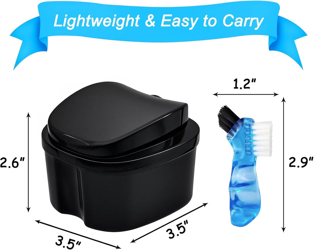 2 Pack Travel Denture Bath Case Set Orthodontic Dental Box Case with Brush, Denture Soaking Cup False Teeth Retainer Container for Clear Braces, Mouth Guard, Night Guard