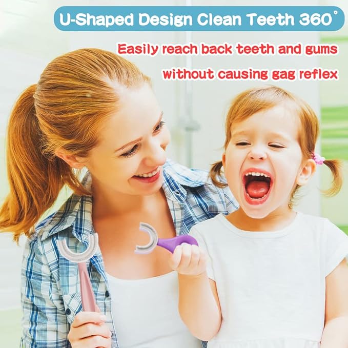 YOTEE U-Shaped Toothbrush Kids 2 PCS - Toddler Toothbrush with Food Grade Soft Silicone Brush Head, Manual Whole Mouth Tooth Brush for Kids Age 2-6(Purple+Yellow)