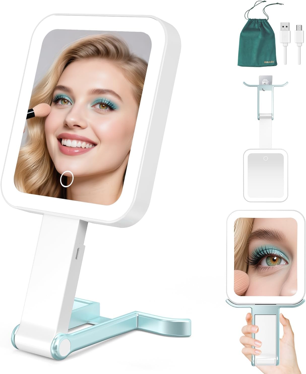 Mocado Travel Makeup Mirror with Lights,10X/1X Magnifying Mirror with Light, Double Sided Travel Mirror with 3 Color Light,Dimmable Touch, Lighted Makeup Mirror for Tabletop, Handheld, Hanging(Blue)