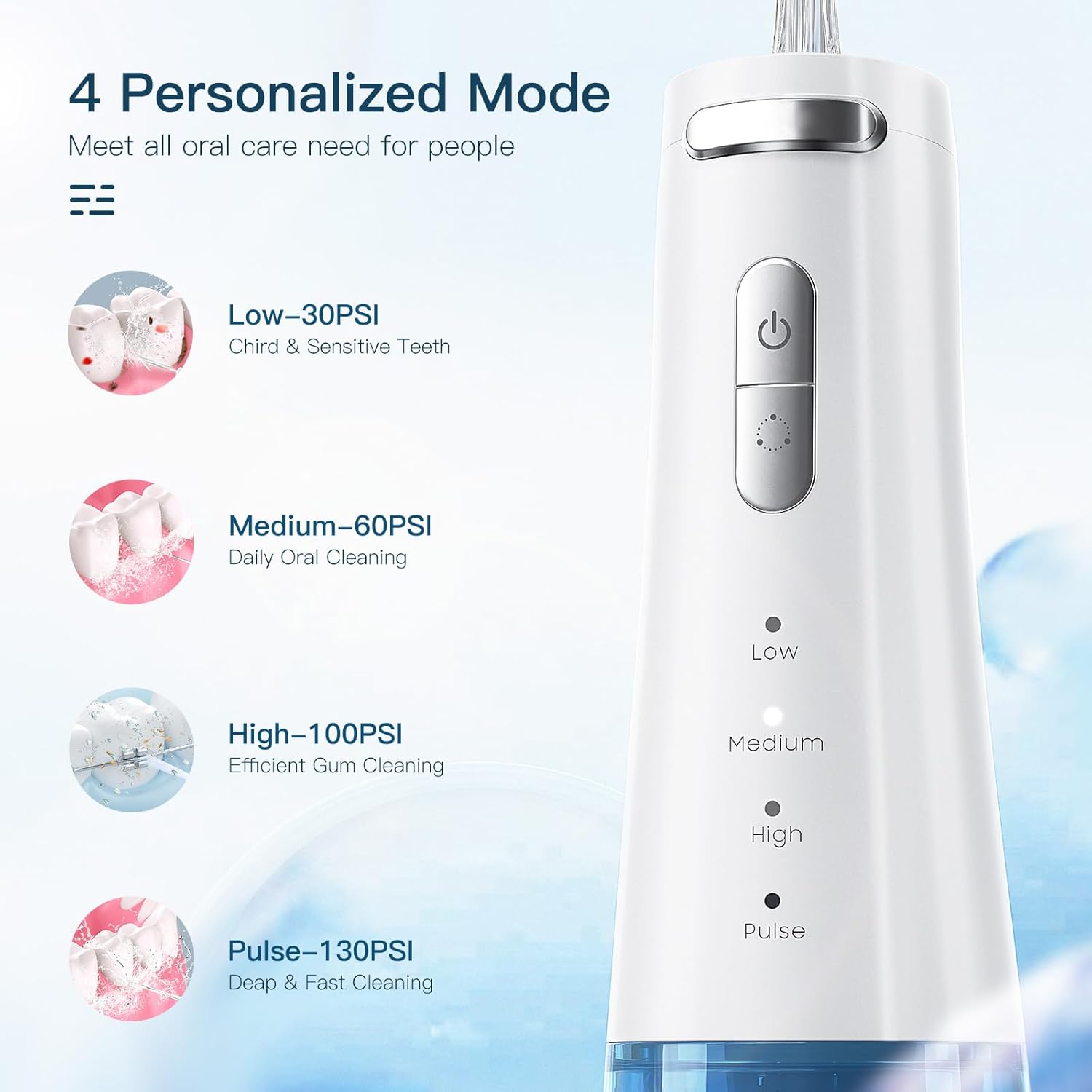 Travel-Ready 300ML Cordless Water Flosser for Teeth – IPX7 Waterproof, 4 Pressure Modes & 2000mAh Battery for Deep Cleaning at Home or On-The-Go (Blue & White)