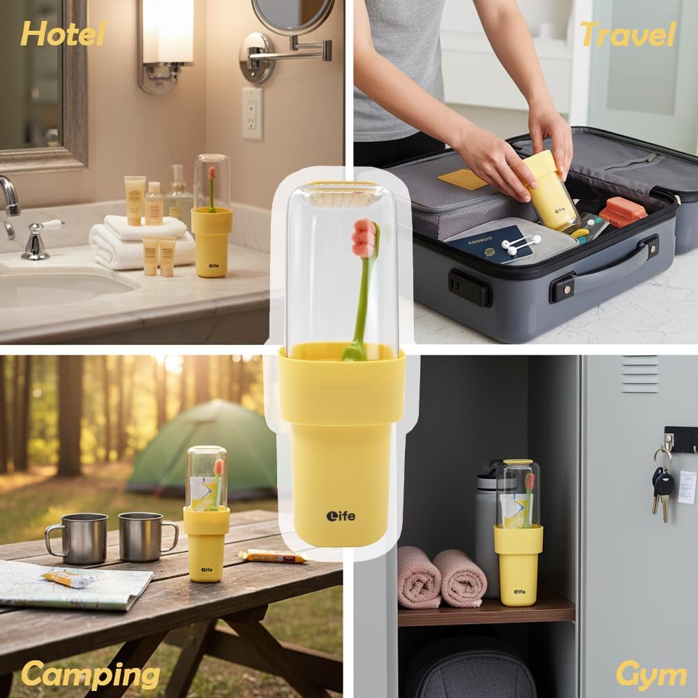 Travel Toothbrush Holder, Covered Toothbrush Cup Holders, Toothbrush and Toothpaste Travel Case, Toothbrush Storage Organizer Container for Traveling Bathroom (Yellow)