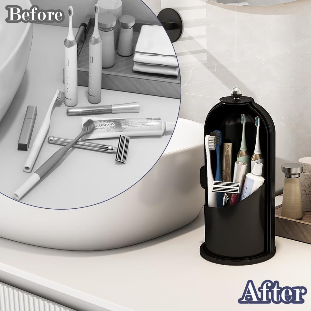 Dustproof Toothbrush Holders with Cover, Rotating Electric Toothbrush and Toothpaste Holder for Bathroom Countertop, 3 Slots Makeup Brushes Organizer, Solid Black