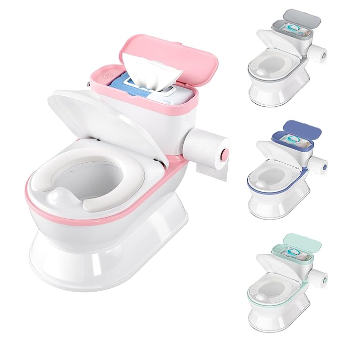 2-in-1 Toddler Potty Training Toilet - Larger Potty Chair & Detachable Training Seat for Boys & Girls Ages 1-3 with Flushing Sound, Wipes Storage, Toilet Paper Holder - Pink