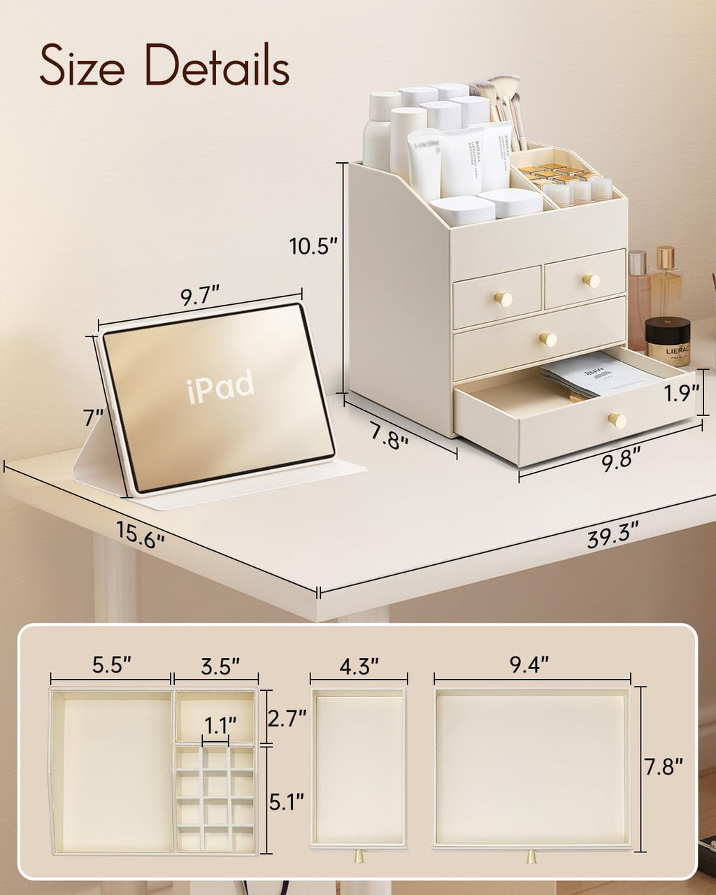 Vlando Makeup Organizer Countertop,Large Vanity Organizer PU Leather Make up Storage with 4 Drawers Perfume Organizers Cosmetic Display Case for Lipstick,Brushes,Bedroom-Beige