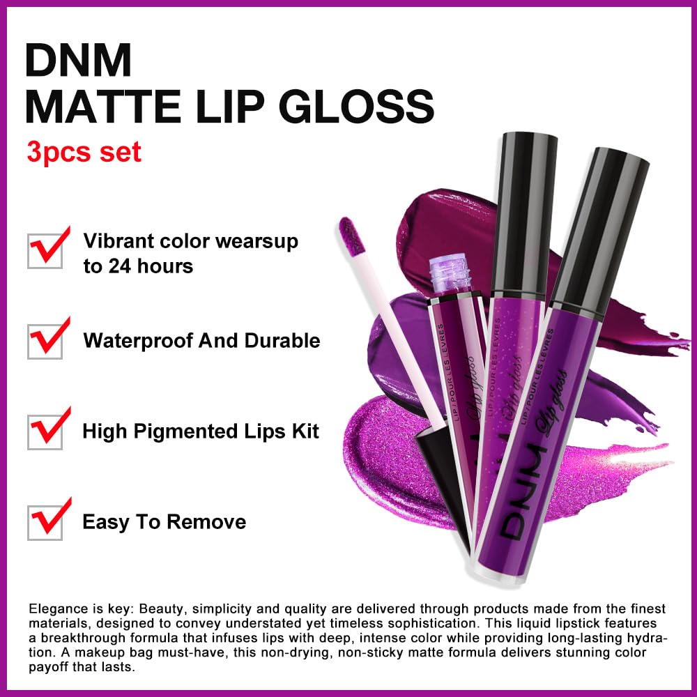 evpct 3Pcs Violet Purple Crystal Metallic Shimmer Glitter Matte Liquid Lipstick Lip Stain Sets for Women Matte+Lipstick Long Lasting Waterproof Permanent 24 Hours Magic Lipstick 24 Hours original