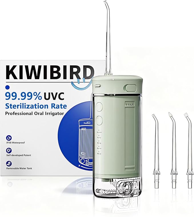 KIWIBIRD Mini Water Flosser for Travel, Ultra-Portable Cordless Oral Irrigator with UVC Light, IPX8 Waterproof 3 Modes, 230mL Teeth Cleaner for Tonsil Stones & Braces Care - Home & Travel (Green)