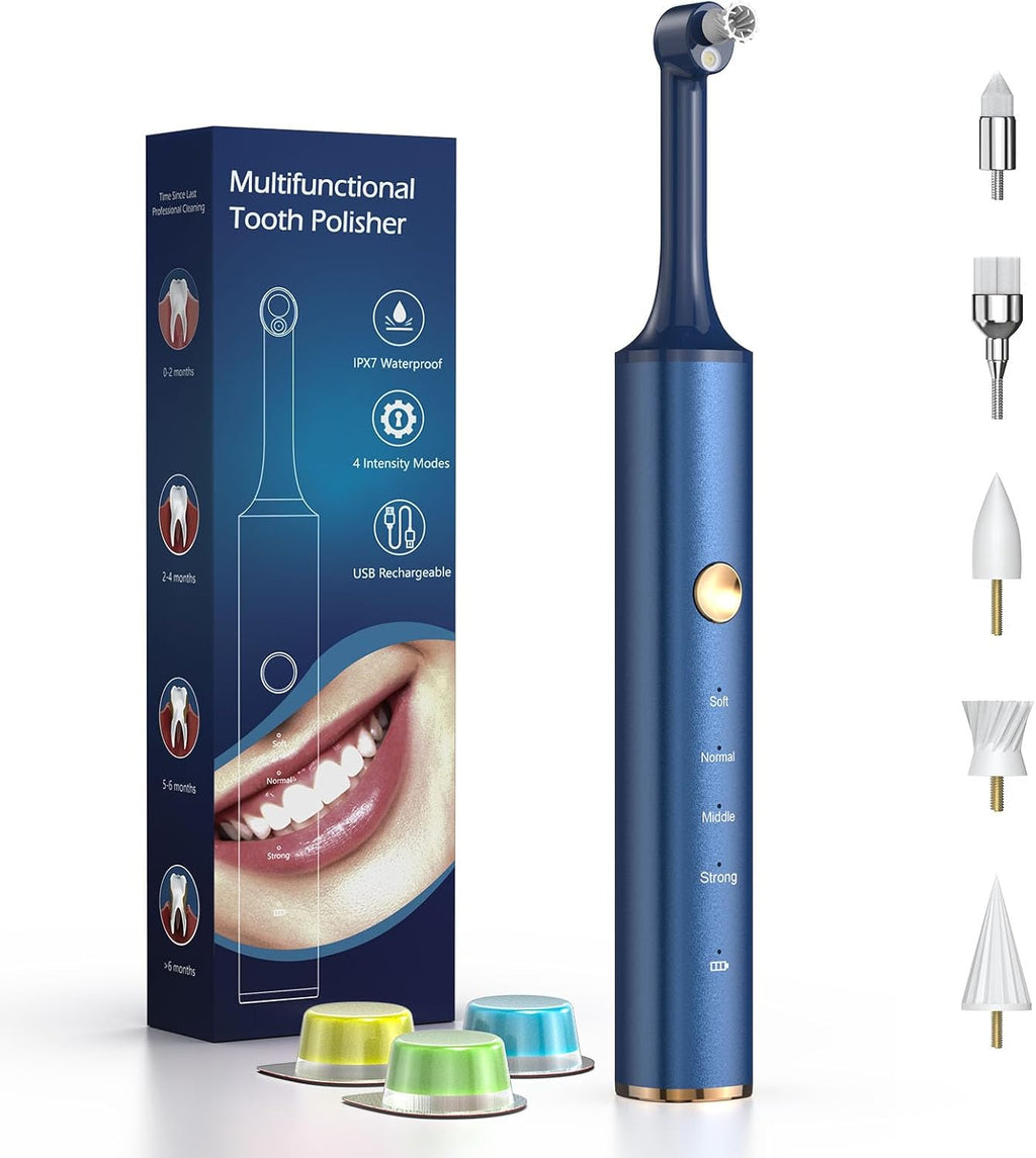 Tooth Polisher, Tooth Whitening Kit for Teeth Cleaning and Whitening, Rechargeable Teeth Polisher for People/Pets,Teeth Cleaning Kit with 5 Brush Heads,4 Speed Modes and LED Light, Waterproof(Blue)