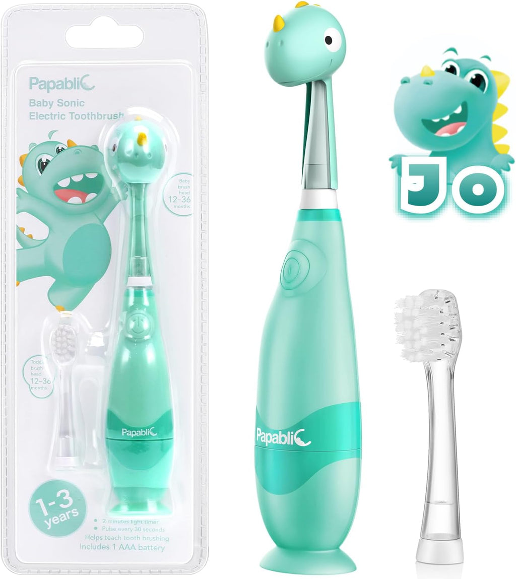 Papablic Toddler Sonic Electric Toothbrush Kids for Ages 1-3 Years, Baby Electric Toothbrush with Cute Dino Cover and Smart LED Timer, 2 Brush Heads (Jo)
