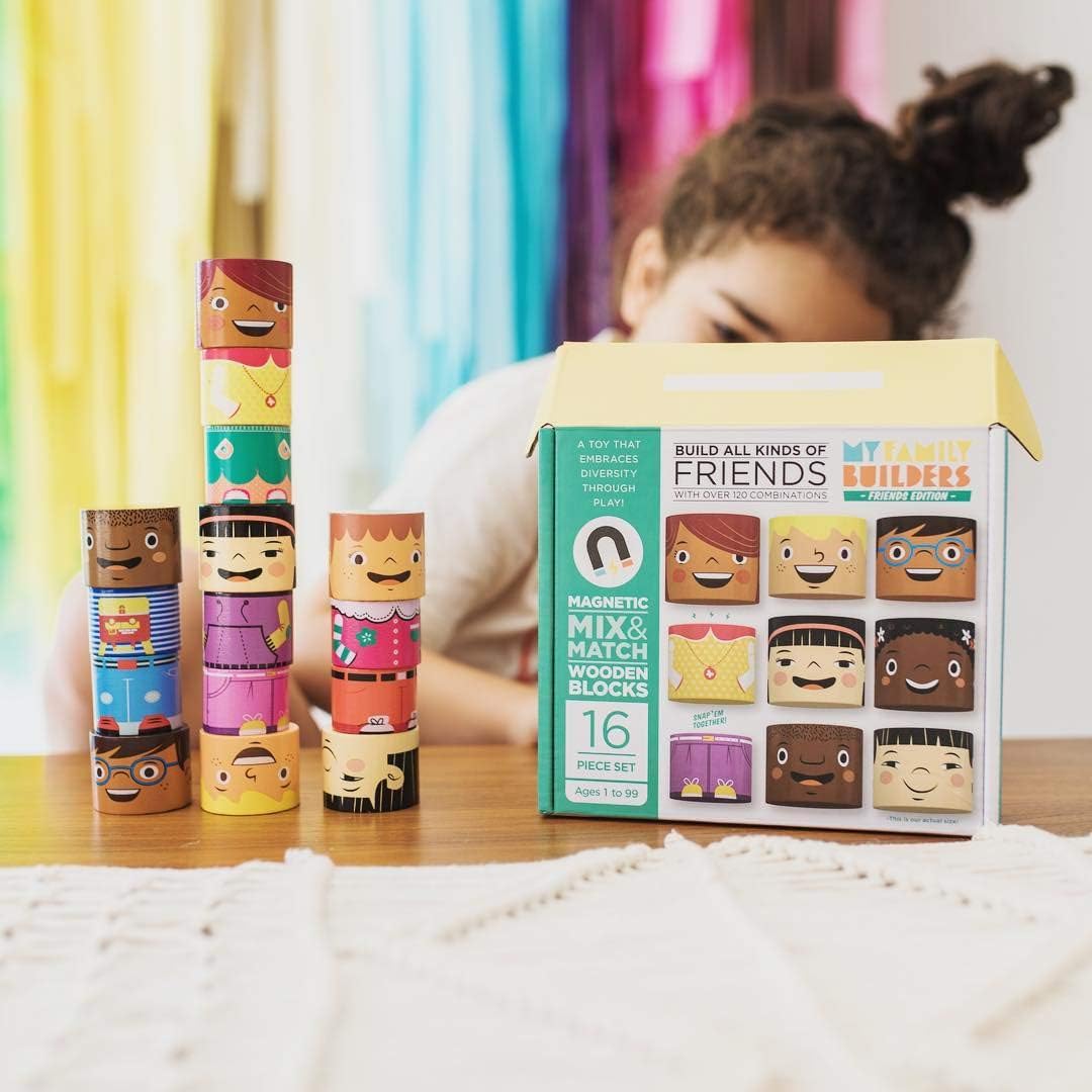 16-Piece Multiracial Magnetic Friends Play Set – Wooden Diversity Building Blocks for Kids – Multi Cultural Dolls for Creative Play & SEL Development – Ages 1+