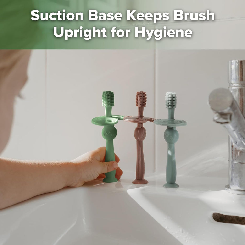 haakaa 360° Baby Toothbrush with Suction Base - Gentle Cleaning for Toddler's Self-Brushing Training, Food-Grade Silicone, Adjustable Safety Shield - Jade (1 Piece)