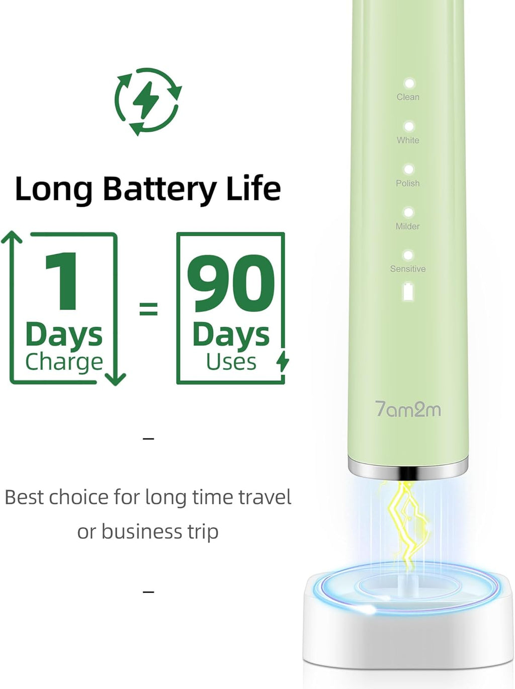 7AM2M Sonic Electric Toothbrush with 6 Brush Heads for Adults and Kids, One Charge for 90 Days, Wireless Fast Charge, 5 Modes with 2 Minutes Built in Smart Timer, Electric Toothbrushes(Green+Black)