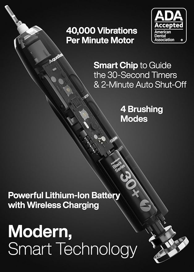 Aquasonic Black Series Ultra Whitening Toothbrush – ADA Accepted Electric Toothbrush- 8 Brush Heads & Travel Case – 40,000 VPM Electric Motor & Wireless Charging - 4 Modes w Smart Timer (Pack of 2)