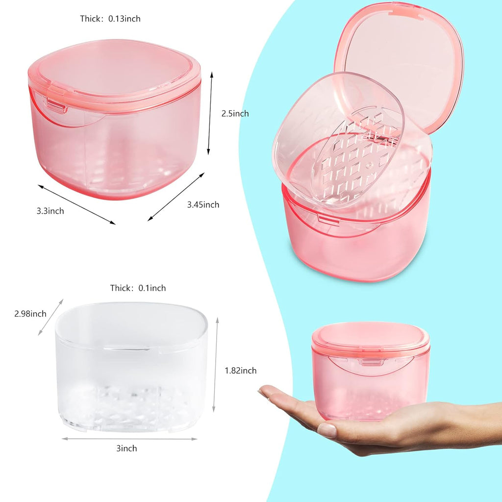 2022 Upgraded Denture Bath Box Cup, Retainer Cleaning Box, Complete Clean Care for Dentures, Denture Case - Second Generation (transparent pink)