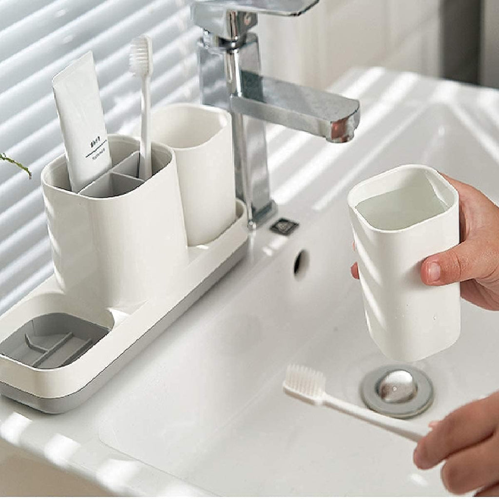 Toothbrush Holder for Bathroom, Electric Toothbrush Holder with Cups, Kids Bathroom Accessories Set with Toothpaste Holder, White