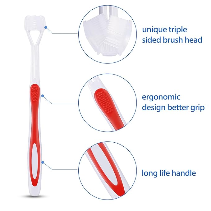 Boao 4 Pieces Toothbrush 3 Sided 7.1 Inch Autism Sensory Toothbrush 360 Degree Cleaning Travel Brush Complete Teeth Gum Care Angle Clean Tooth(Red)