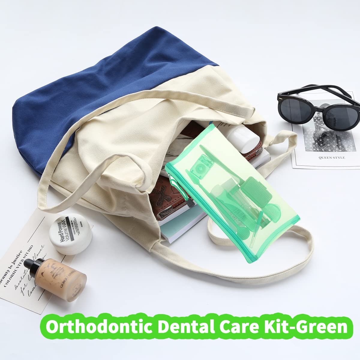 Braces Cleaning Kit for Teeth, Portable Orthodontic Toothbrush Kit Oral Care Dental Travel Kit - Interdental Brush Dental Wax Dental Floss Toothbrush Box (Green)
