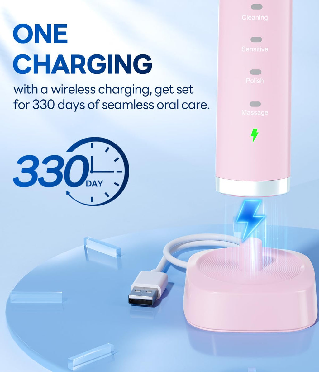 Bymore Electric Toothbrush for Adults,Travel Sonic Toothbrush with 8 Replacement Heads, Ultra Clean RechargeableToothbrush Portable One Charge for 330days 5 Modes 2mins Timer-Light Pink