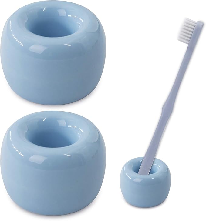 AirMoon Mini Ceramic Toothbrush Holder for Bathroom - Blue Small Countertop Organizer, Easy Clean Toothbrush Stand, Suit for Electric Toothbrush Head, Pens & Coffee Spoon, Pack of 2
