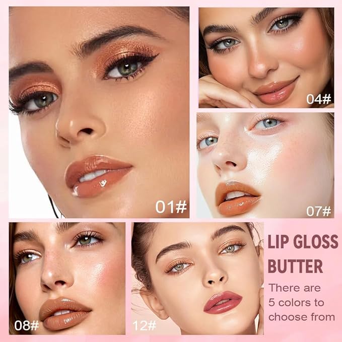 5 Pc Honey Butter Lip Stain Set, Tinted Lip Oil Gloss, Moisturizing Hydrating Plumper Liquid Lipstick Lip Blam for Women, Lightweight Lip Liner Effect, Vegan Brown Nude & Berry Mauve (#1 #4 #7 #8 #12)