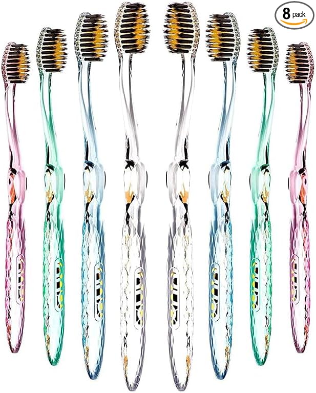 Nano-b Manual Toothbrush Set for Adults with Sensitive Gums, Gold & Charcoal Soft/Medium Bristles, Travel Cases, Blue, Pink, Green, Crystal, 8-Pack