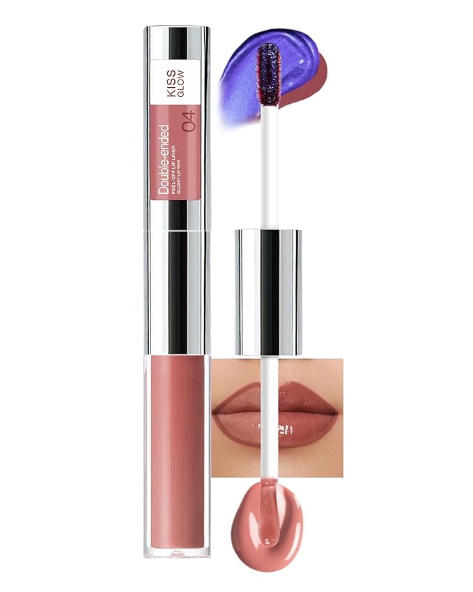 Dual Ended 2 in 1 Peel Off Lip Stain & Lips Gloss Kit, Waterproof Long Lasting Qiciy Tattoo Lip Gloss Color Peel Off Lips Liner, Tinted Liquid Lipstick, Matte & Glossy Womens Makeup-04 Warm Pink