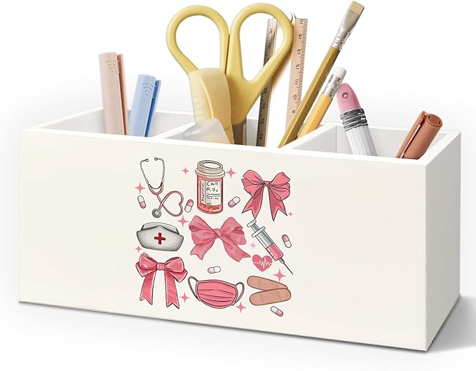 Nurse Gifts Wooden Pen Pencil Holder for Desk Accessories, Nurses Week Gifts for Women, Coquette Pink Bow Nursing Wood Makeup Brush Toothbrush Holder Organizer for Vanity Bathroom