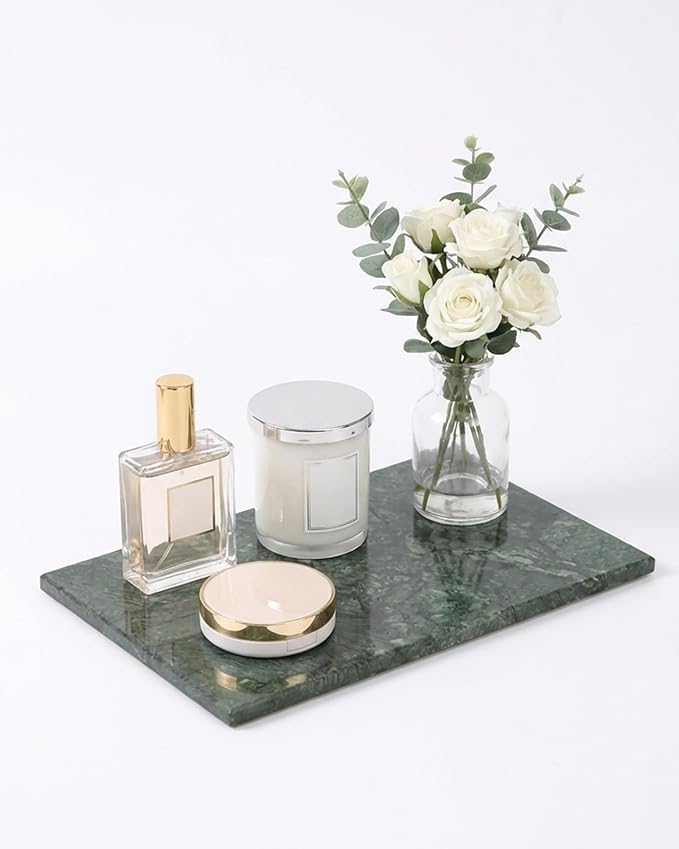 100% Natural Green Marble Tray, Luxury Stone Vanity Organizer for Perfume & Jewelry, Dark Green Decorative Marble Slab for Bathroom or Coffee Table, 12×8 Inch, Non-Resin