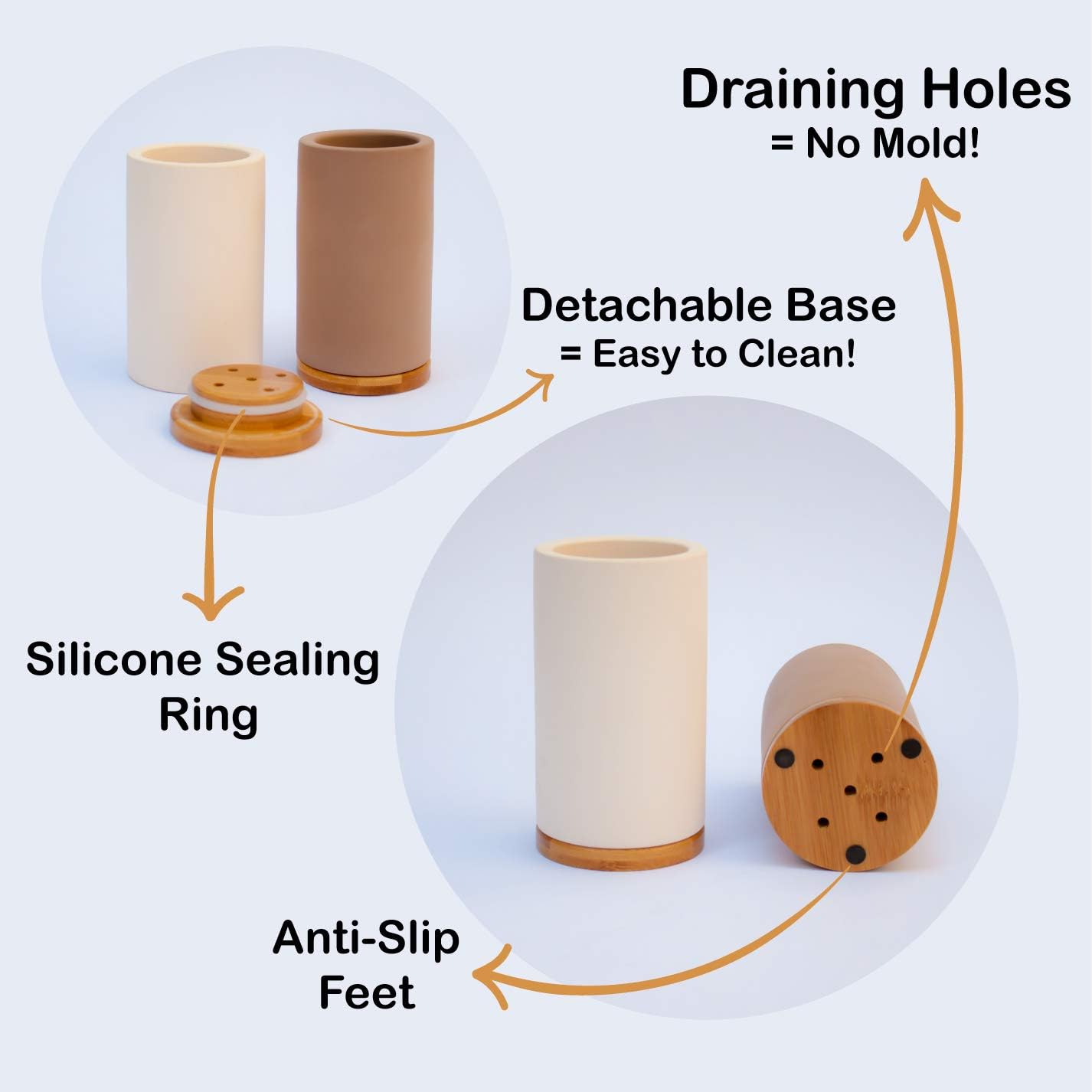 Matani Bamboo Toothbrush Holder Diatomite Tooth Brush Organizer - Storage Stand for Small Bathroom & Counter - Removable Base & Drain Holes, Water-Absorbent & Quick-Drying (Black)