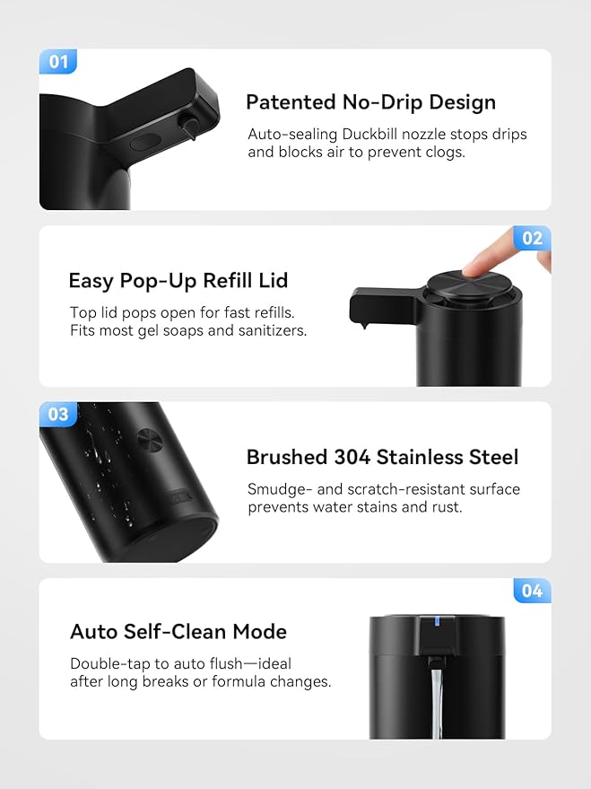 SUNLY Touchless Automatic Soap Dispenser – Clog-Free Pump, 0.2s Fast Sensor, USB-C Rechargeable, Smudge-Resistant Stainless Steel, for Kitchen & Bathroom Soap Dispenser, Black