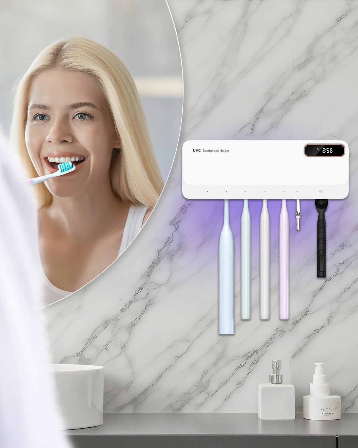 UV Toothbrush Cleaner Holder, Temracha Toothbrush Holders for Bathrooms, 5+1+1 Slots Tooth Brush Shaver Cleaner and Holder, Rechargeable Cordless Wall Mounted with Heating Functions, No Drilling