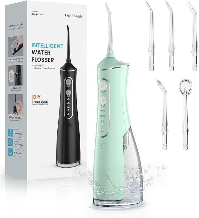 Water Flosser for Teeth Cleaning, 300ML Portable Cordless Oral Irrigator with DIY Strength, 4 Modes, IPX7 Waterproof & 30-Day Battery, 2-Min Smart Timer for Home/Travel Dental Care, Green