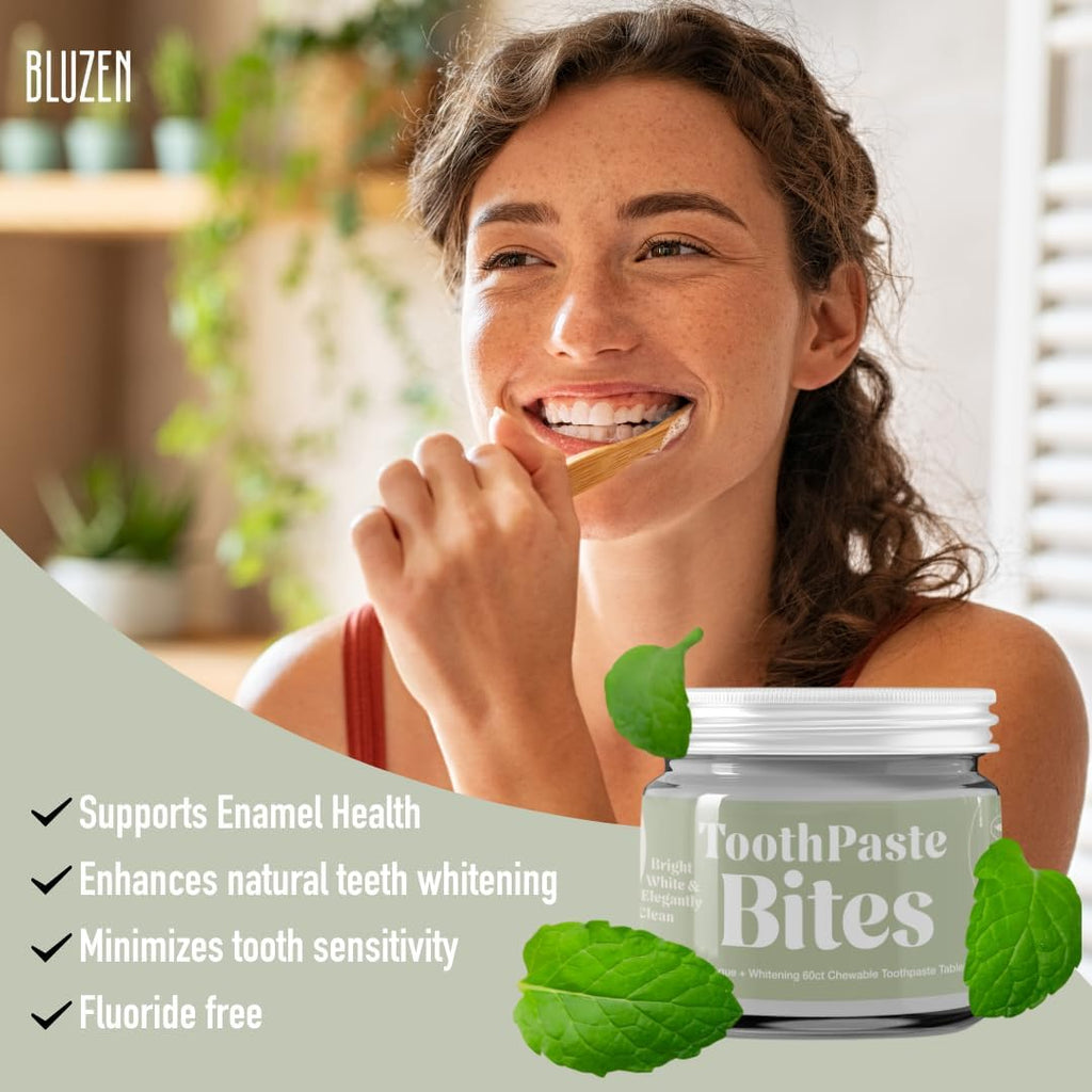 Whitening Toothpaste Tablets with Nano Hydroxyapatite, Fluoride Free, Plastic Free, Eco & Best Travel Friendly Chewable Mint Toothpaste Bites | 62 Count
