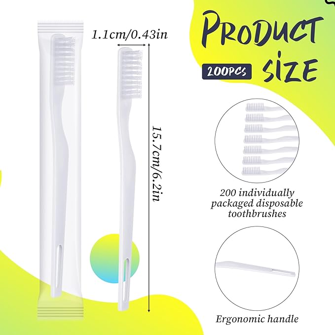200 Pack Disposable Toothbrushes, Individually Wrapped Toothbrushes Soft Bristle Tooth Brush Single Use Toothbrush Bulk White Toothbrush for Adult Home Hotel Guest Camp Travel