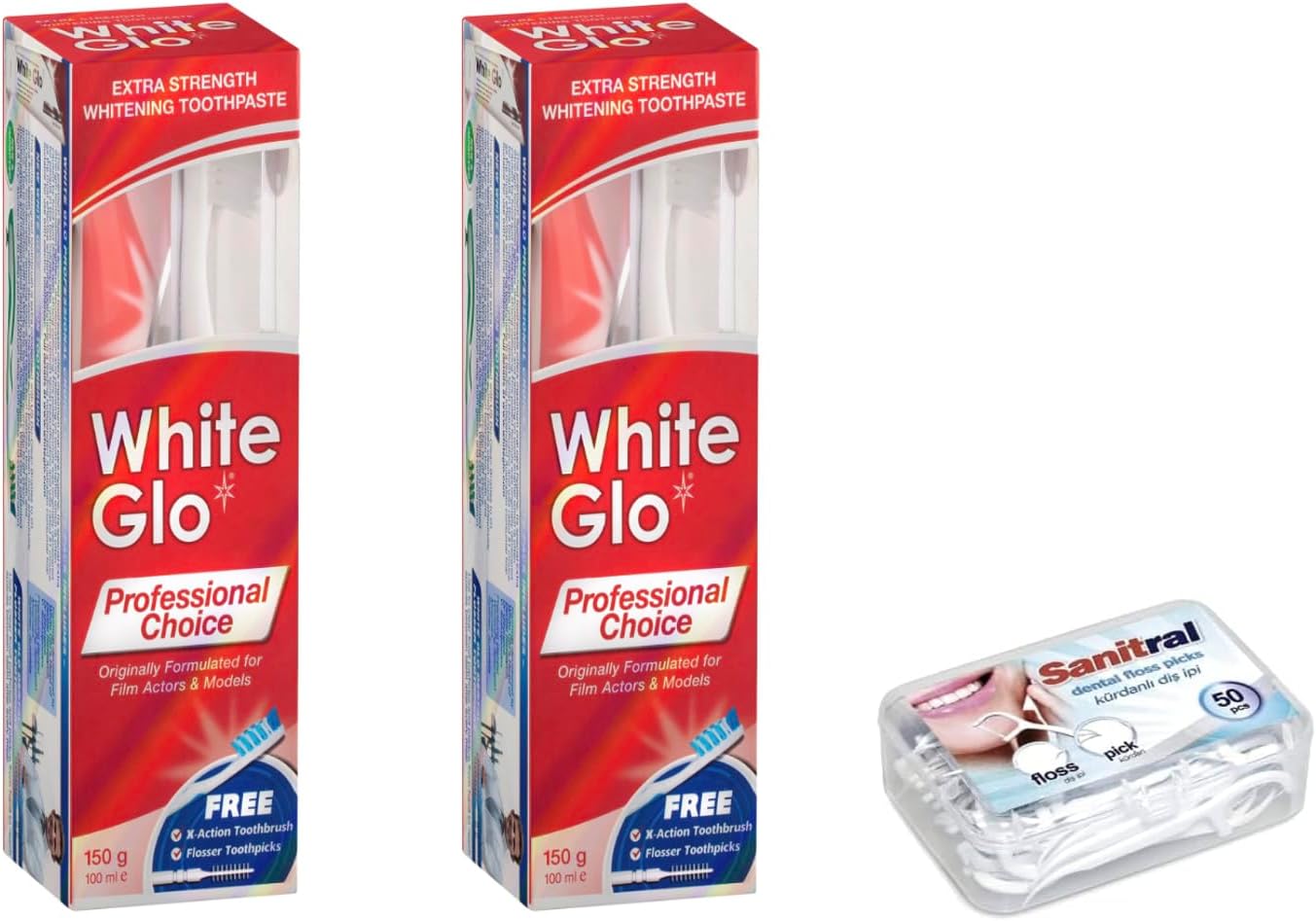White Glo Extra Strength Whitening Toothpaste Professional Choice 100ml - 2 Packs with Sanitral 50 Pcs Dental Floss Stick Included as a Gift