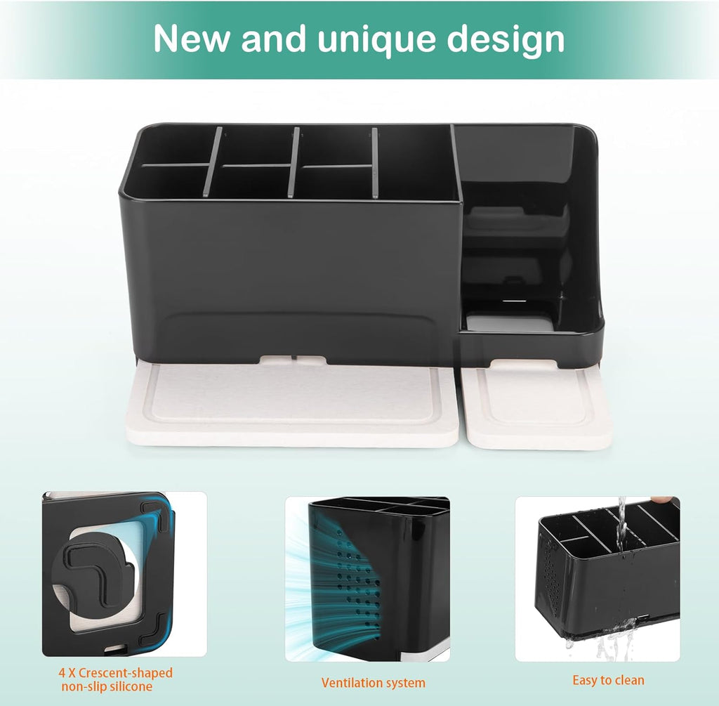 Toothbrush Holder for Bathroom Organizer with Diatom mud Board，Detachable 8 Slots Kids Electric Toothbrush Holder and Toothpaste Stand for Countertop Accessories Storage (Black)