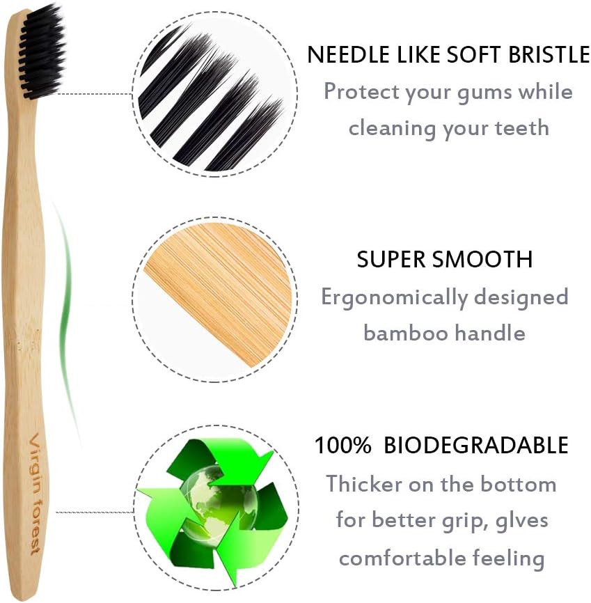 Virgin Forest Bamboo Toothbrushes, Eco-Friendly Soft Bristles Toothbrush, Biodegradable Wood Toothbrush Set of 6